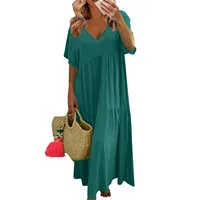 Women Short-Sleeved Dress Summer Simple Comfortable V-Neck Solid Color Large Size Dresses Casual Loose Long Large Swing Dress