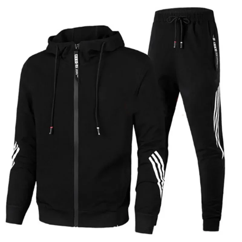 

2024 Spring & Autumn Men's Sports Fitness Set Outdoor Jogging Breathable Jacket Zipper Striped Comfortable Hiking Hoodie + Pants