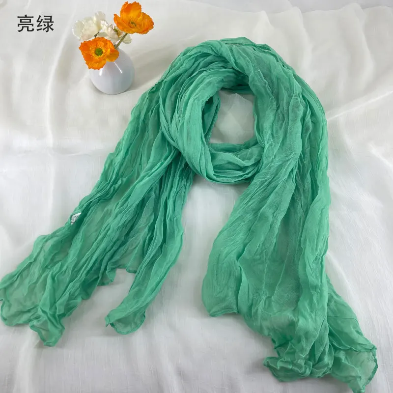 Women Soft Breathable Cotton and Linen Scarves Solid Color Pleated Scarf Retro Bohemian Style Long Wraps 180*90cm Multi Color - 3