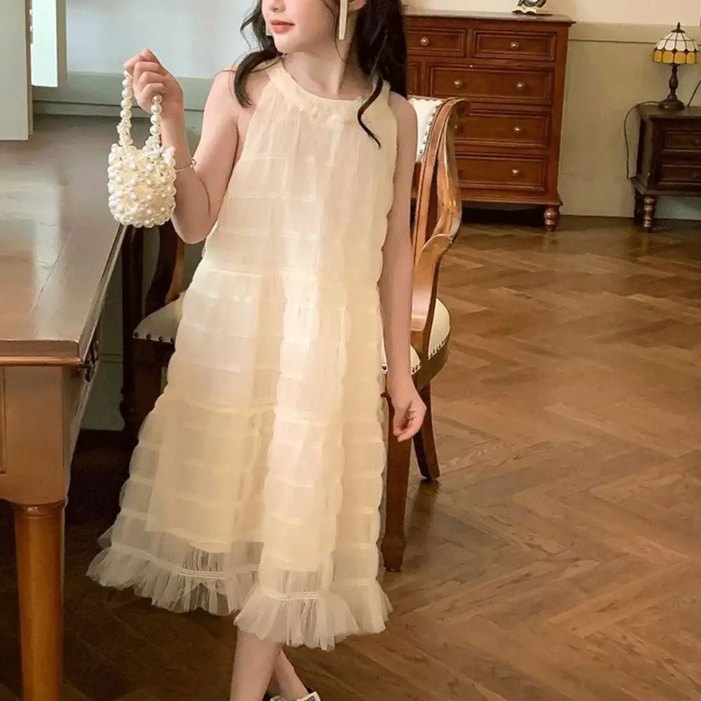Elegant Loose Girls Princess Dress Children Beach Vacation Summer Mesh Dress Sweet Party Teens Long Dress Summer