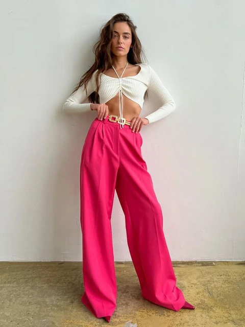 2022 New Spring Summer Women's Casual Straight Classic Green Black Rose Red High Waist Pants Korean Wide Leg Trousers for Women 3