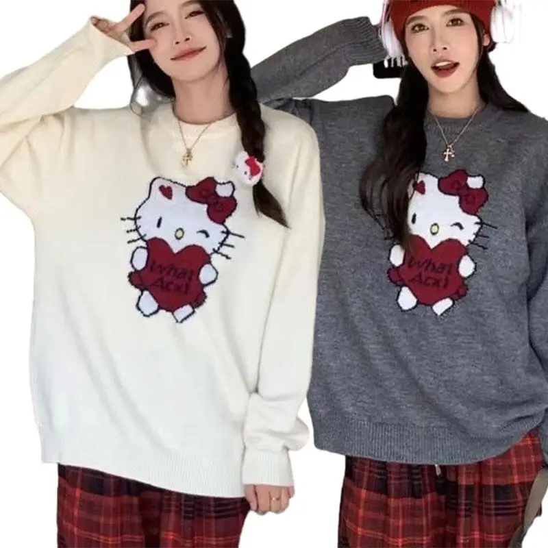 

Cartoon Cute Hellokittys Long-Sleeved Sweater, Round Neck Pullover, Loose Lazy Sweater, Anime Kawaii Winter Warm Top for Girls