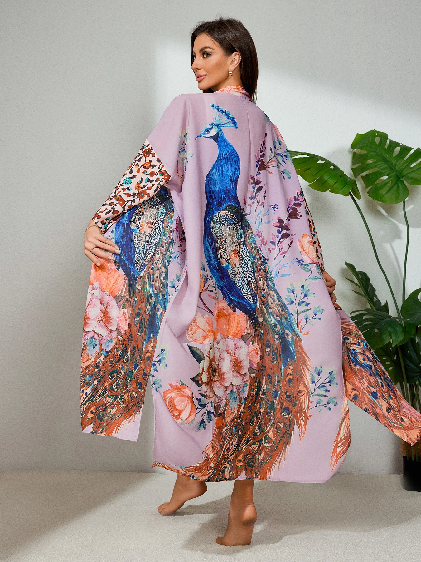 Peocock Printed Beach Cover Ups Kimono Summer Self Belted Women Wrap Dresses Bohemian Dresses Holiday Bathing Suits