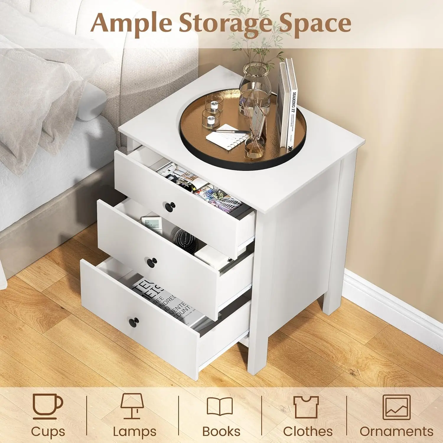 Nightstand with 3 Drawers, Wooden Side End Table with Solid Wood Legs, Retro 3-Drawer Bedside Table Night Stand for