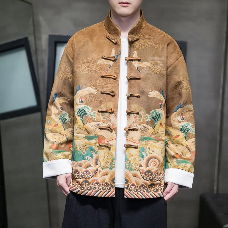 Large Size Male Tang Suit Top Coat Print Crane Jacket New Chinese Tradition Button Up Men Clothing Suede Fabric Uniform Blouse