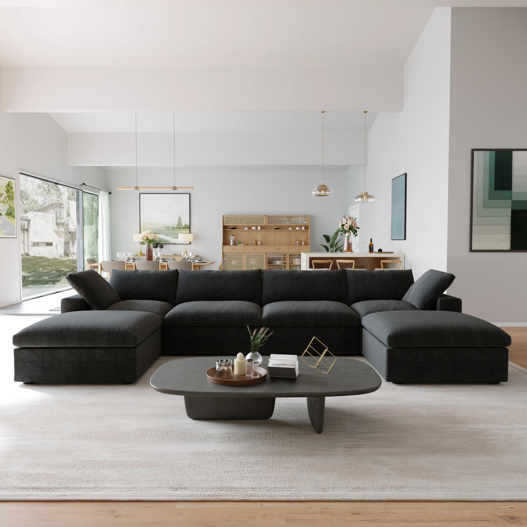 Modular Convertible Cloud Couch 6-Seats U-Shaped Couches Comfy Down Filled Sectional Sofa With Ottomans Removable Cushion Covers