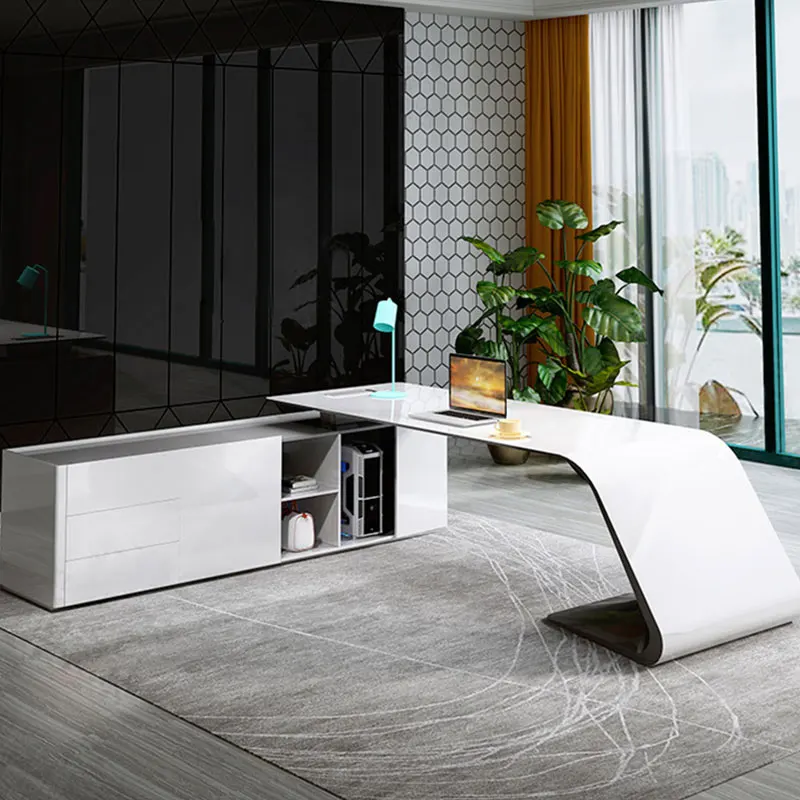 Durable Ceo Office Computer Desk Light Luxury Executive Workstation Office Table And Chair Set In White