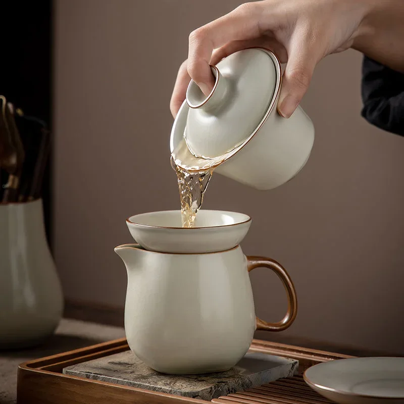 Rice Yellow Ru Kiln Tea Set with Tea Pot, Lid, Bowl and Cup in Light Luxury Style for Home Use
