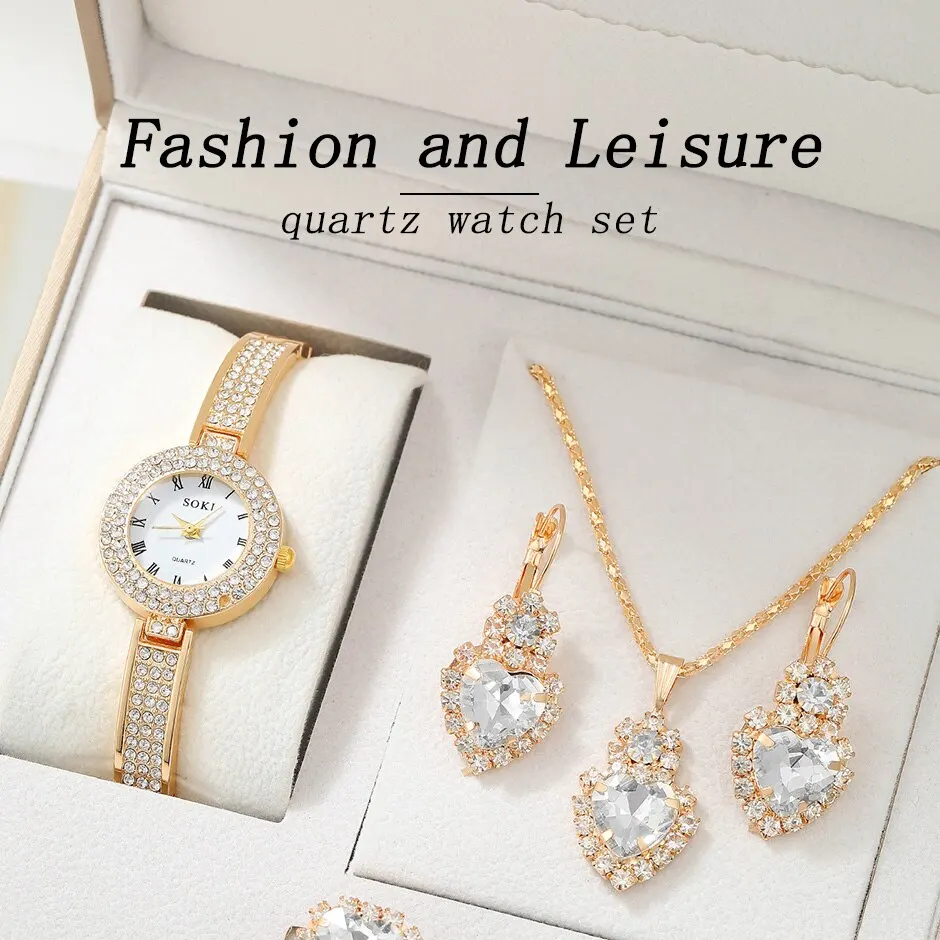 5 squisiti orologi al quarzo, set di gioielli rotondi alla moda, orologio da donna, collana di strass, orecchini, set di anelli_voghion.com