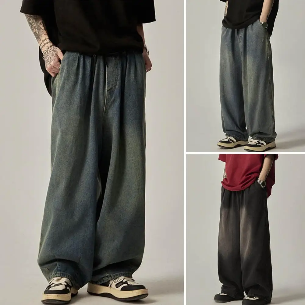 

Men Denim Pants Street Style Men's Wide-leg Jeans Distressed Design Elastic Waist Draped Denim Trousers for Fashion-forward