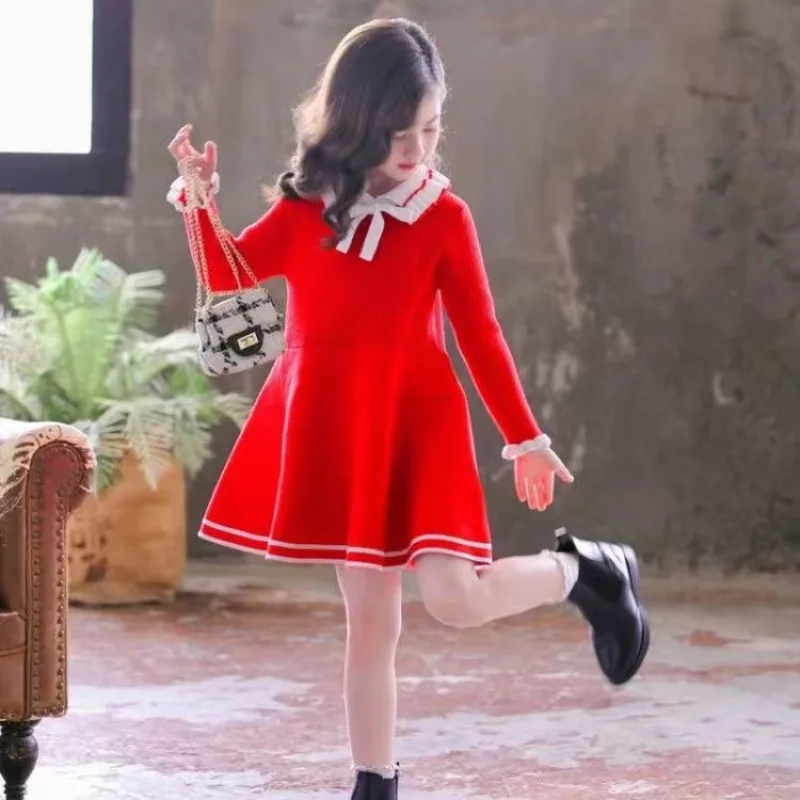 

Girls sweater dress autumn and winter little girl foreign knit fashion medium and big children red base dress