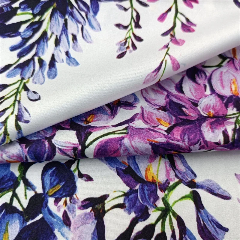 Brand Stretch Satin Fabric Purple Wisteria Pattern Printed