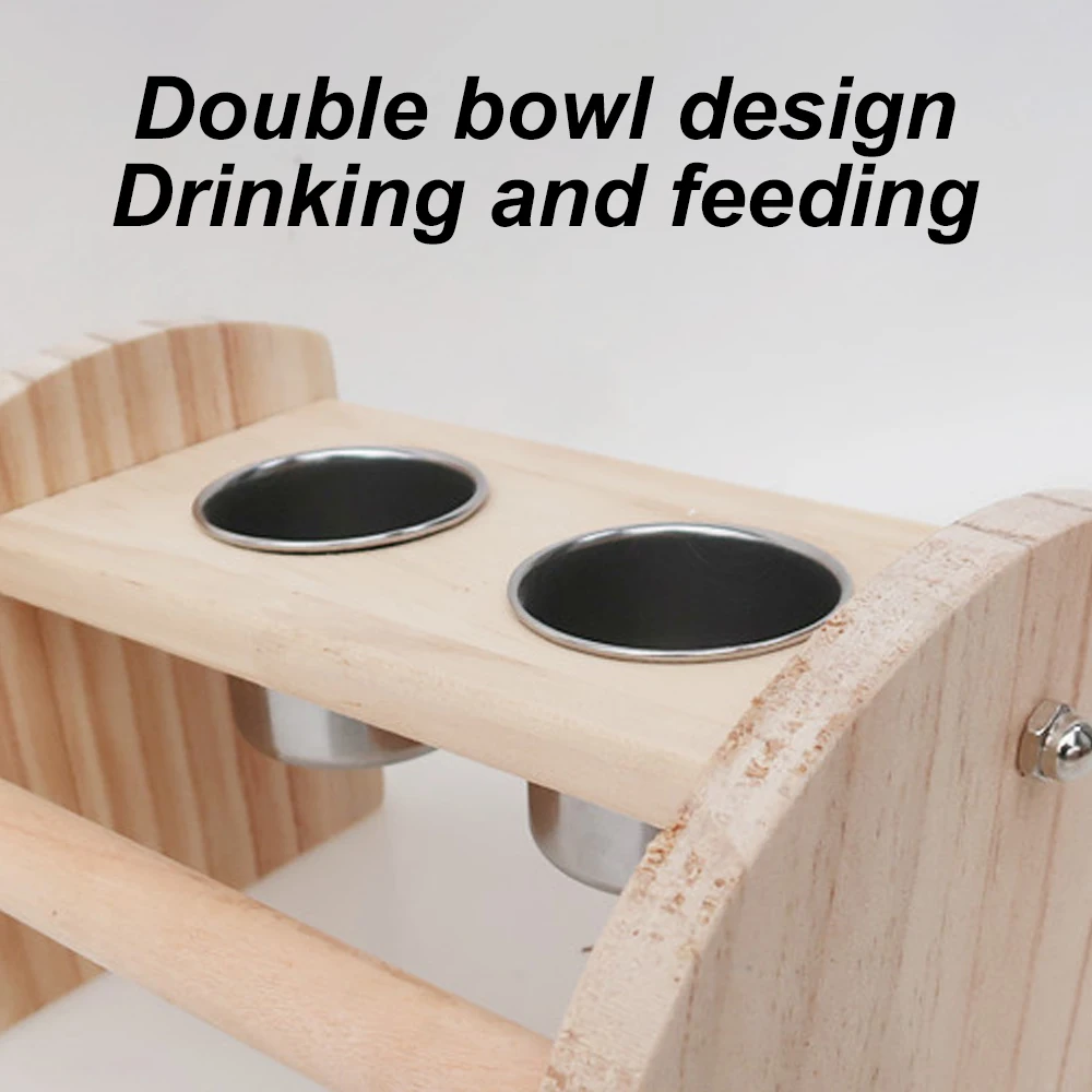 1 pc Wood Bird Standing Board Toy with Stainless Steel Bowls Bird Perch Feeding Cups for Small Animals Parrot Cage Supplies