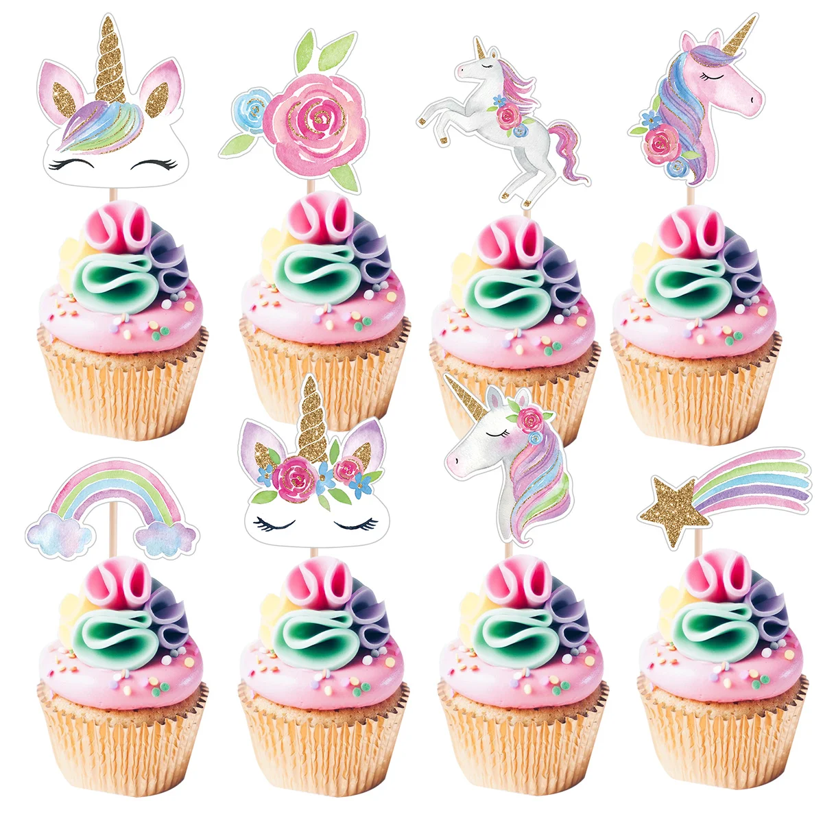 24Pcs Carton Unicorn Cupcake Topper Colorful Rainbow Paper Toppers For ...