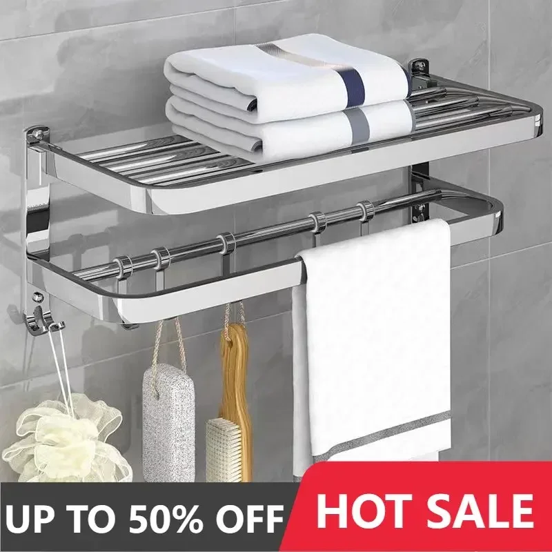 Towel Rack 304 Stainless Steel Towel Rack Bathroom Storage Rack Non Punching Foldable Bathroom Towel Storage Hardware Pendant