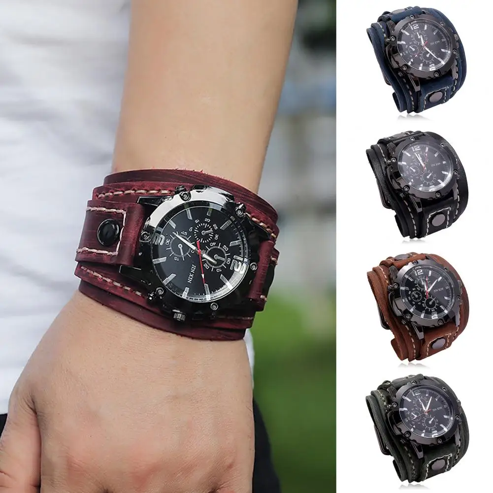 Retro Mens Quartz Watch Round Dial Precise  Adjustable Cool Birthday Gift Universal Handmade Sewing Faux Leather Strap Watch retro mens quartz watch round dial precise adjustable cool birthday gift universal handmade sewing faux leather strap watch