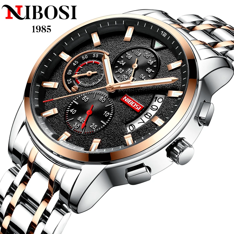 NIBOSI Brand Men Watches Luxury Stainless Steel Quartz Watch Man Stainless steel Sports Wristwatch Luminous Clock reloj hombre