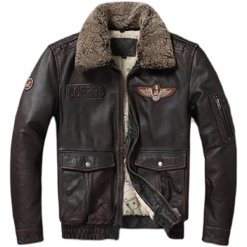 

Vintage Genuine Leather Jacket Men Flight Jackets Natural Fur Collar Aviation Bomber Coats Mens Motorcycle Jackets Biker Coats