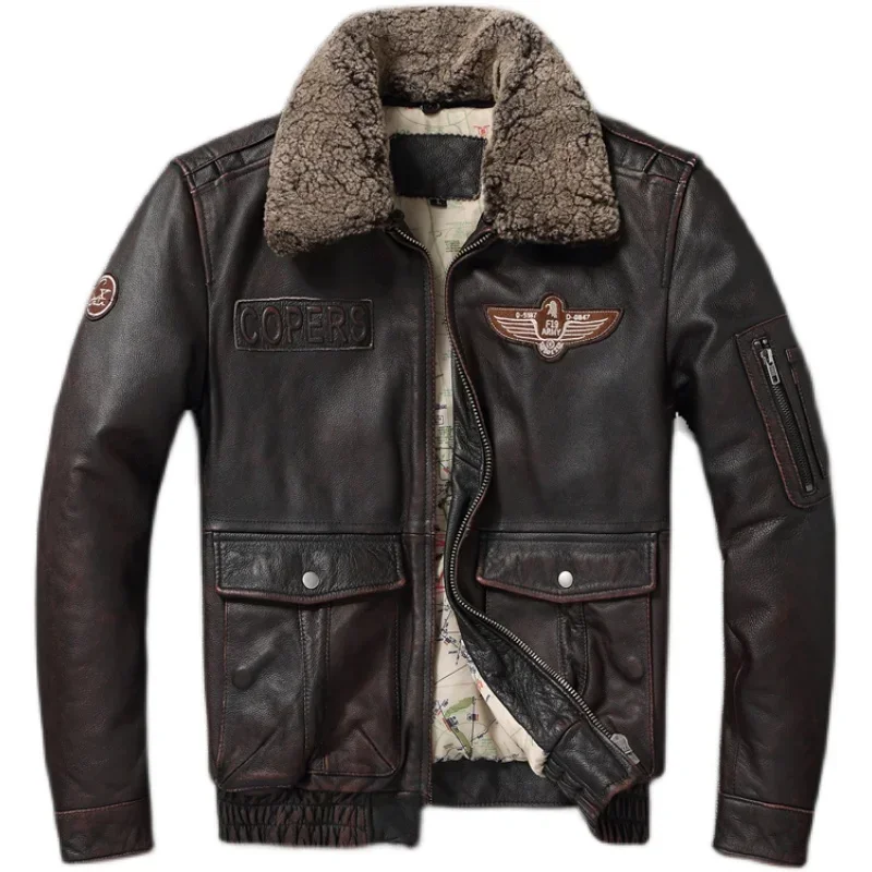 Vintage Genuine Leather Jacket Men Flight Jackets Natural Fur Collar Aviation Bomber Coats Mens Motorcycle Jackets Biker Coats