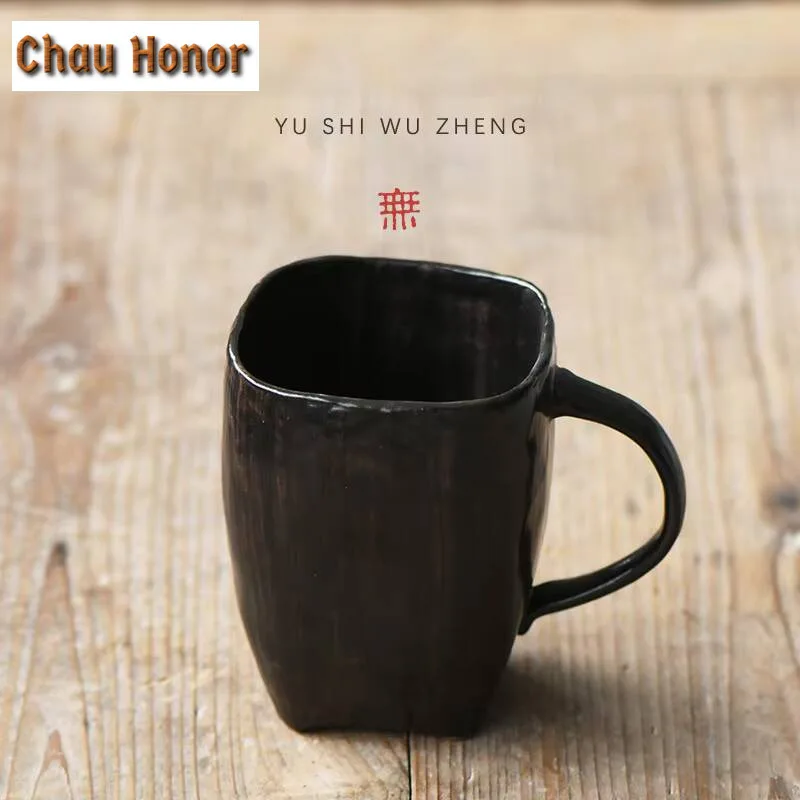 340ml Creative Square Ceramic Cup Handmade Coarse Pottery Coffee Mug Large Water Jug Retro Breakfast Cup Mouthwash Cup Tableware