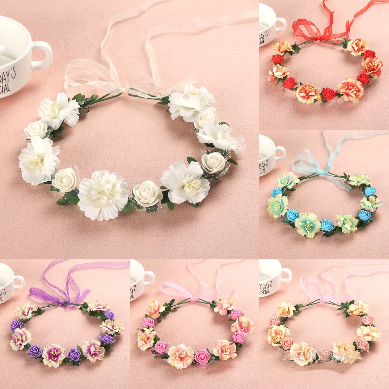 Hair Accessory Artificial Flower Wreath with Ribbon Hairband Handmade Wedding Headbands Flowers Garland Wreath for Women