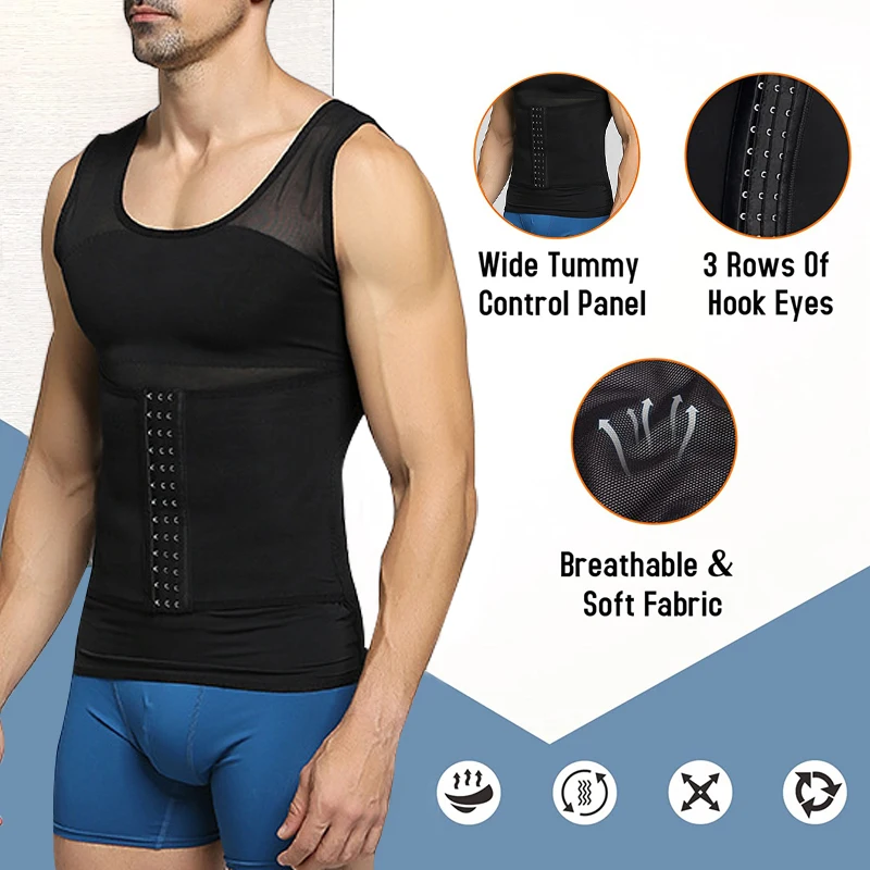 Mens Compression Vest Slimming Body Shaper Shirt Tummy Control Fitness Workout Tank Tops Abs Abdomen Undershirts with Hooks