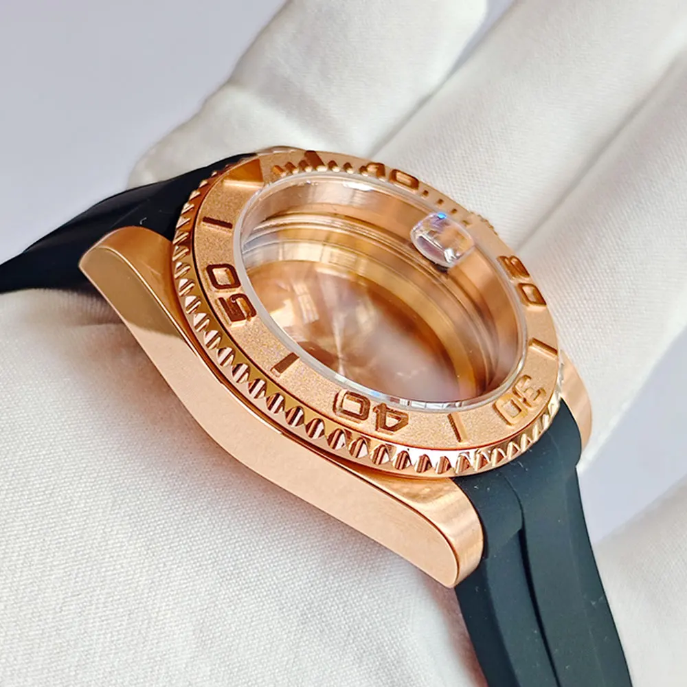 Rose Gold 40mm GMT SUB Watch Case with Silicone Strap and Sapphire Glass