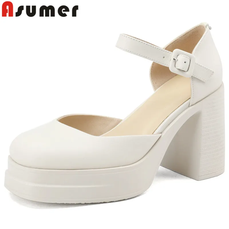 

ASUMER 2024 New Solid Genuine Leather Dress Shoes Woman Ladies Platform Summer Shoes Buckle Thick High Heels Sandals
