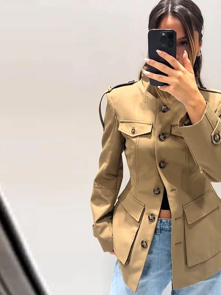 Epaulet Stehkragen Taillierter Windbreaker Damen Eleganter Langarm Einreihiger Bomber-Mantel Herbst 2025 Damen-Oberbekleidung – Detail 18