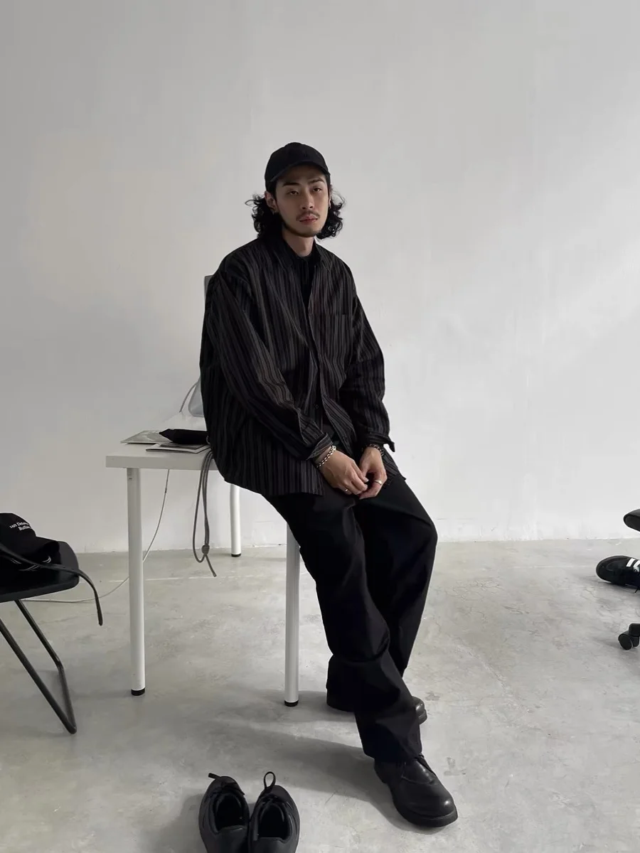 Retro Japanese Sle Long Sve Men's irt Loose Casual Silhouette Bla Vertical Stripes Spring Autumn Season irt