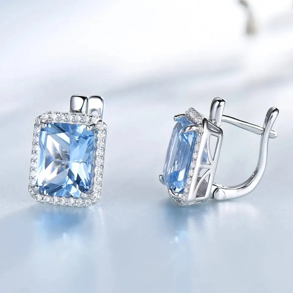 925 Sterling Silver Luxury Nano Sky Blue Topaz Emerald Gemstone Clip On Earrings Earrings For Women Birthday Fine Jewelry Gift ear clip earrings,clip earrings,ear clip