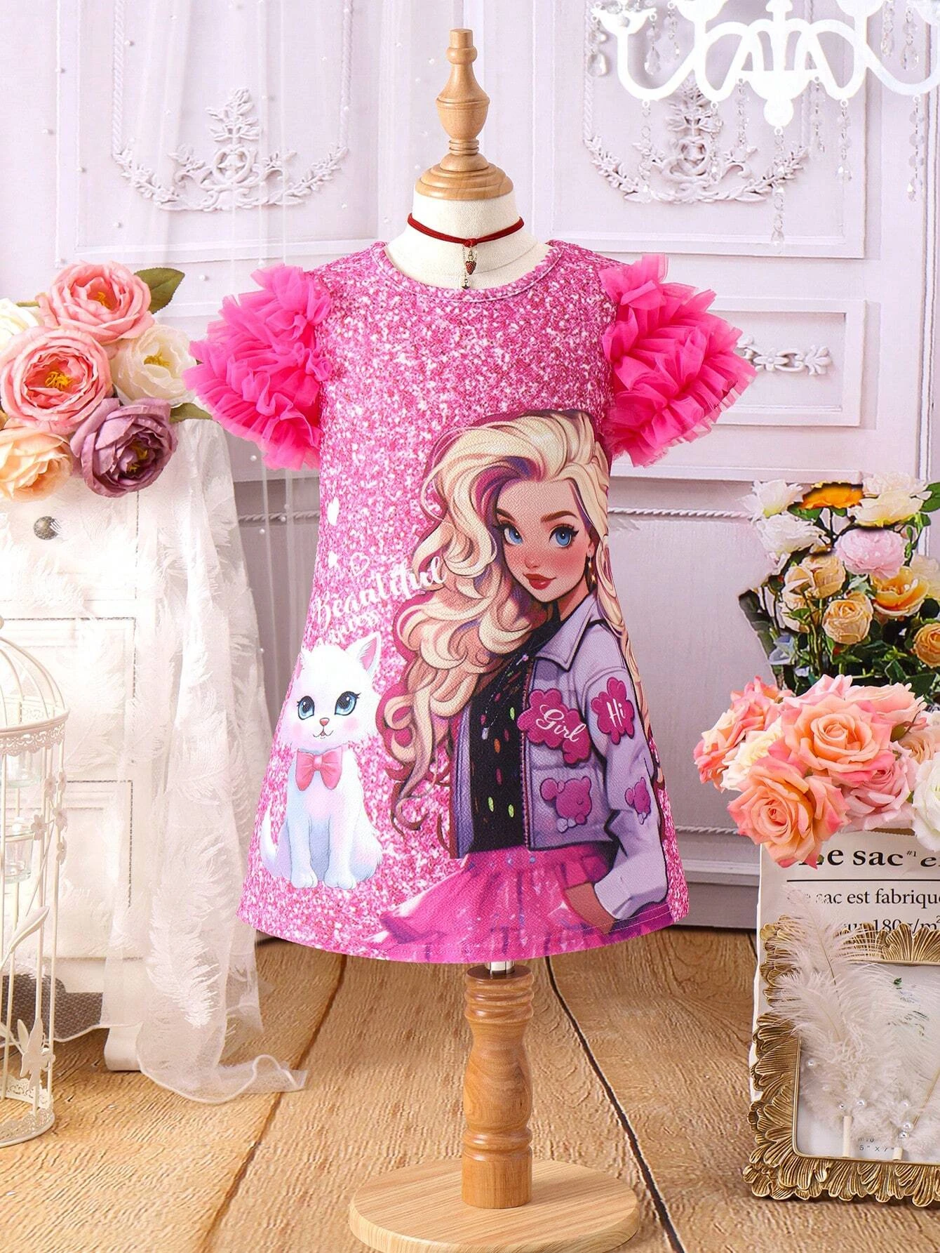 Girl Printed Mesh Ruffle Edge Sleeves Dress Summer girls dress