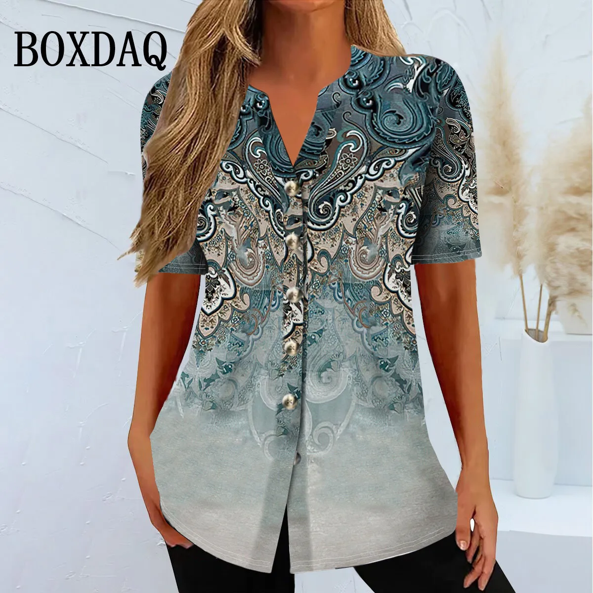 

New 2024 Women's Blouses Fashion Ethnic Style Printing Shirt Summer Casual Retro V-Neck Button Short Sleeve Cardigan Ladies Tops