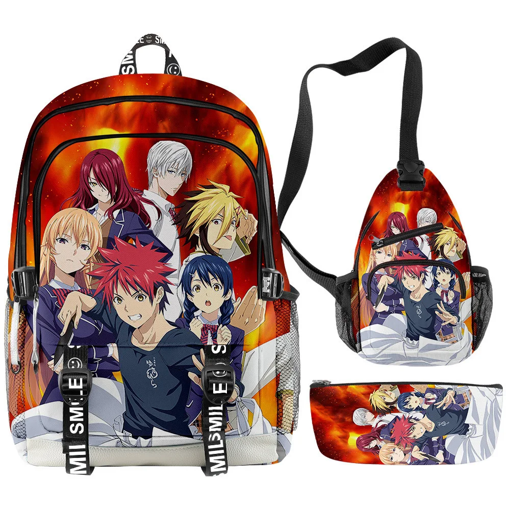 Popular Food Wars Shokugeki No Soma 3D Printed 3pcs/Set Student School Bags multifunction Travel Backpack Chest Bag Pencil Case