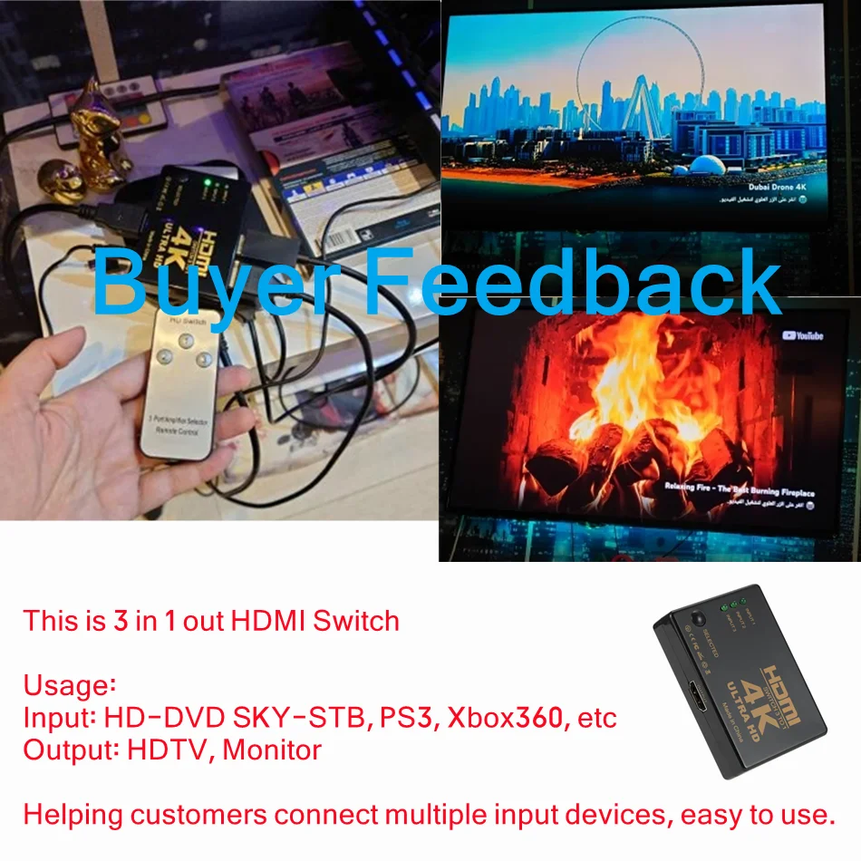 Hdmi switch HDMI Switch 4K Switcher 3 in 1 out HD 1080P Video Cable Splitter 1x3 Hub Adapter Converter for PS4/3 TV Box HDTV PC