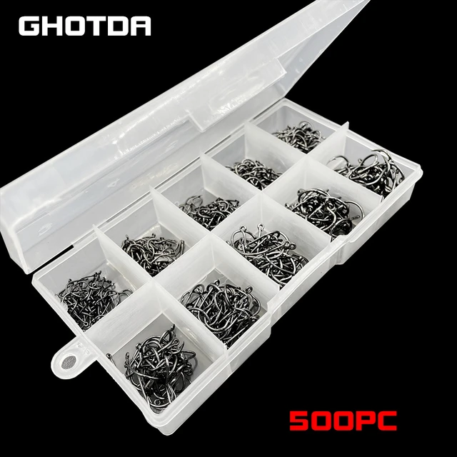 500pcs Fishing Hooks: 10 Sizes Carbon Steel Tackle With Plastic Box - Catch  More Fish!