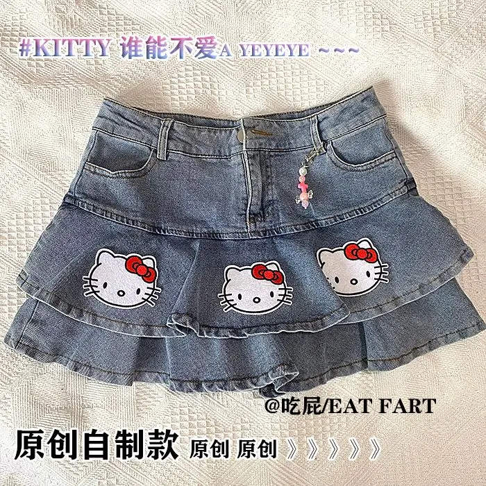 Original Fashion Hello Kitty Spicy Girls Denim Short Skirt Sanrios Summer Outgoing Skirt Kawaii Girls Student Sweet Cool Skirt