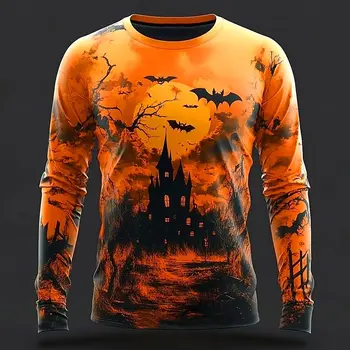2025 Autunno Inverno Zucca di Halloween Stampa T-shirt a maniche lunghe per uomo Goth Streetwear Casual Top Tema di Halloween Casual Tees 1