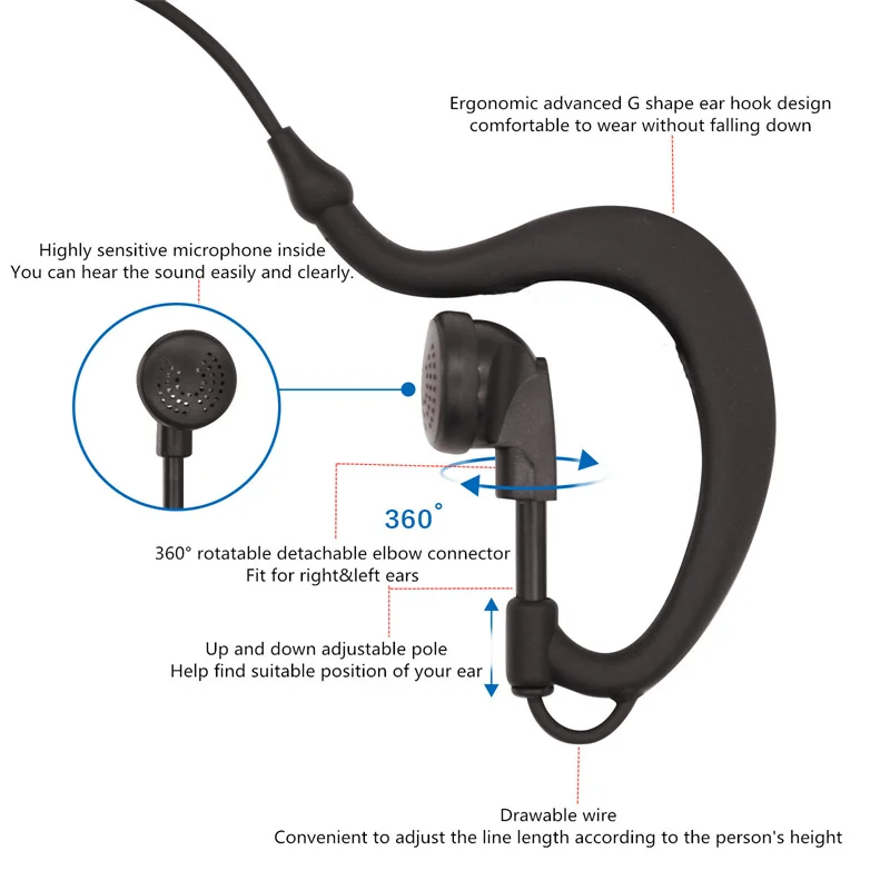 2-Pin Covert G Shape Walkie Talkie Earpiece, Two Way Radio Headset, PTT Red Mic Head for Baofeng, Kenwood, Puxing, Wouxun