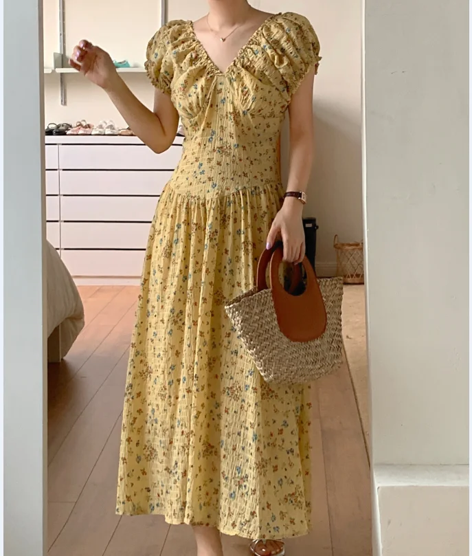 

V Neck Chiffon Floral Dress Maxi A Line Summer Yellow White Vintage Black Vestido De Mujer Elegant 2023 Ruffle Kobieta Sukienka