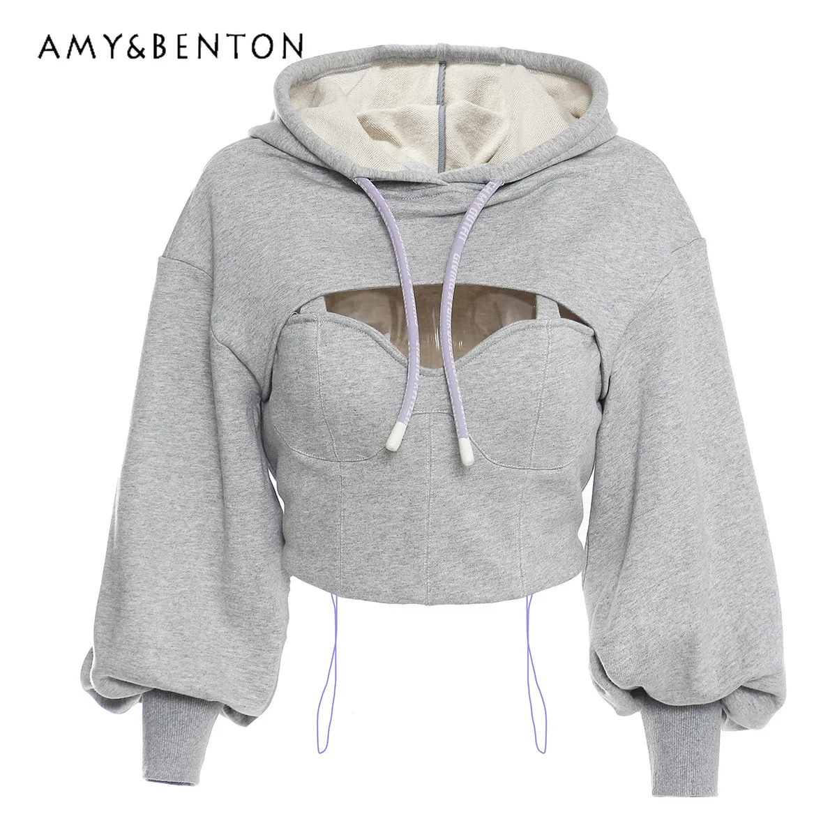 Early Spring New Hip Hop Punk Bandeau Sling Patchwork Hoodie Women Long Sleeve Short Casual Sweatshirt Sexy Hot Girl Slim Hoodie