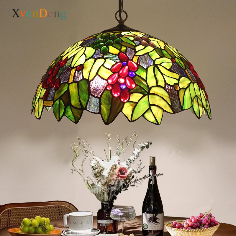 

Tiffany Grape Stained Glass Pendant Lights Vintage Mediterranean Hanglamp Living Room Decor Hanging Lamp Luminaire Suspension