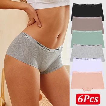 FINETOO 6PCS/Set Women Cotton Panties Female Boxer Boyshort Low Waist Letter Logo Sport Underwear Ladies Pants Intimate Lingerie