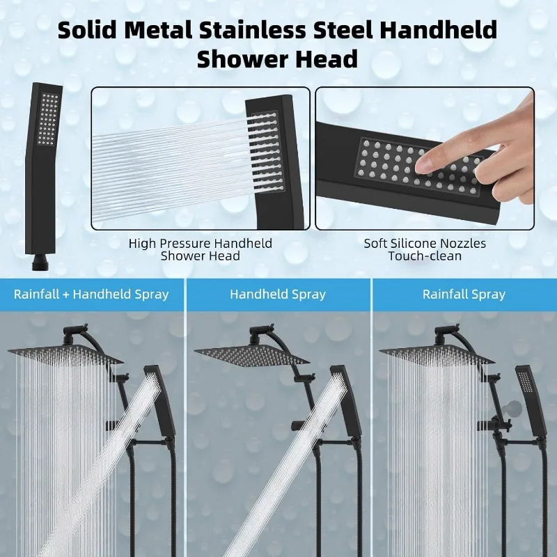 All metal 10 inch rain shower head, square shower head combination, high pressure handheld shower wand, 16 inch adjustable 4