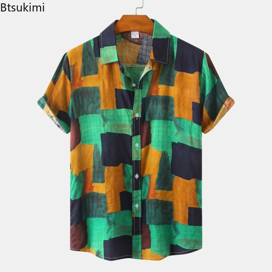 2024 Men's Plus Size Loose Summer Short Sleeve Shirts Fashion Vintage Print Hawaiian Beach Male Tops Casual Blouse for Men Tees