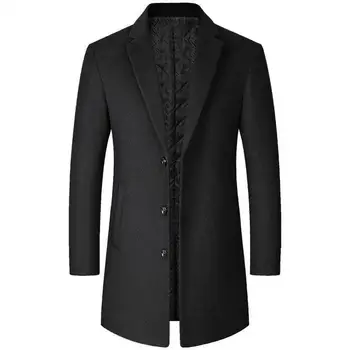 Autumn Winter Men's Woolen Coat Slim Fit Mid-Length Business Style Single-Button Closure Rabbit Fur Lined Pure Color