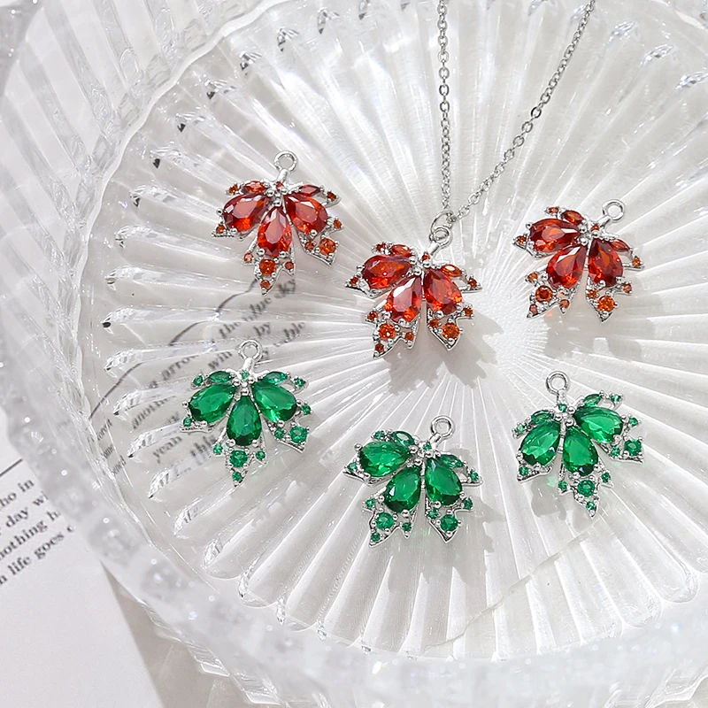 

4pcs Copper Plated Platinum Color Zirconium Maple Leaf Pendant DIY Handmade Jewelry Bracelet Necklace Ear Material Charms
