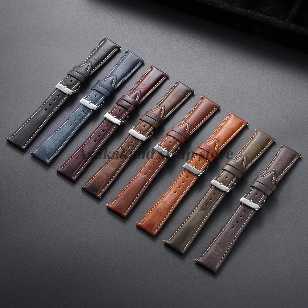 Universal Vintage Oil Wax Leather Watch Strap - Brown Head Layer with Pin Buckle