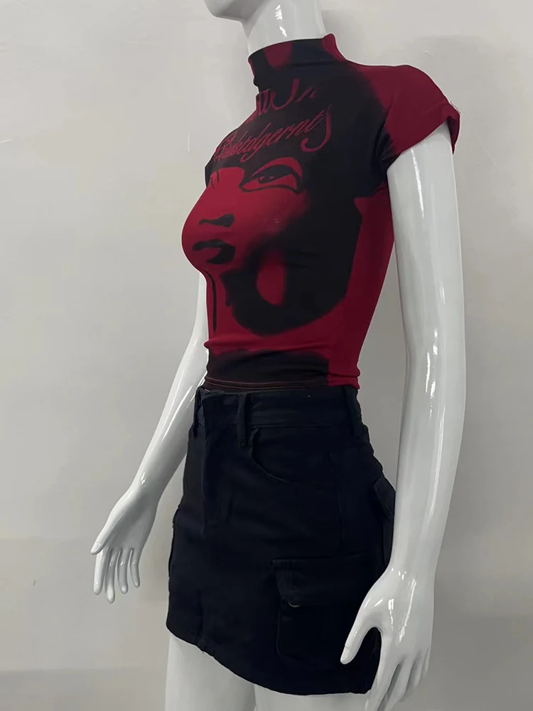 Aesthetic Short Sleeve T-shirt Summer Y2k Clothes Gothic Girl Crop Tops Print Vintage Women Casual Baby Tee Streetwear