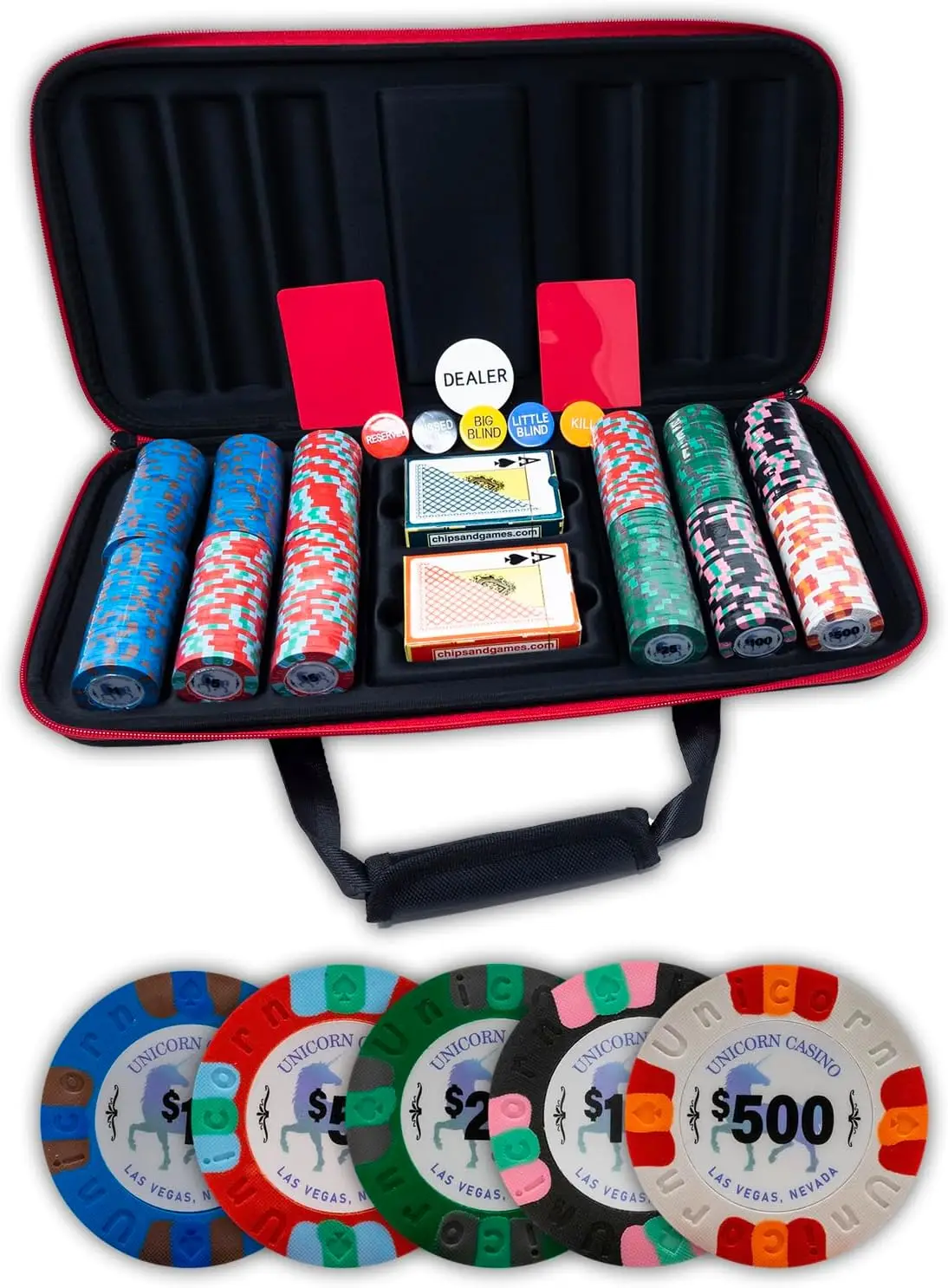 

All Clay Chip Set with 300 Authentic Casino Weighted 9 Gram Chips, Durable Soft Shell Case, 2 Decks of Plastic Playing Cards, D